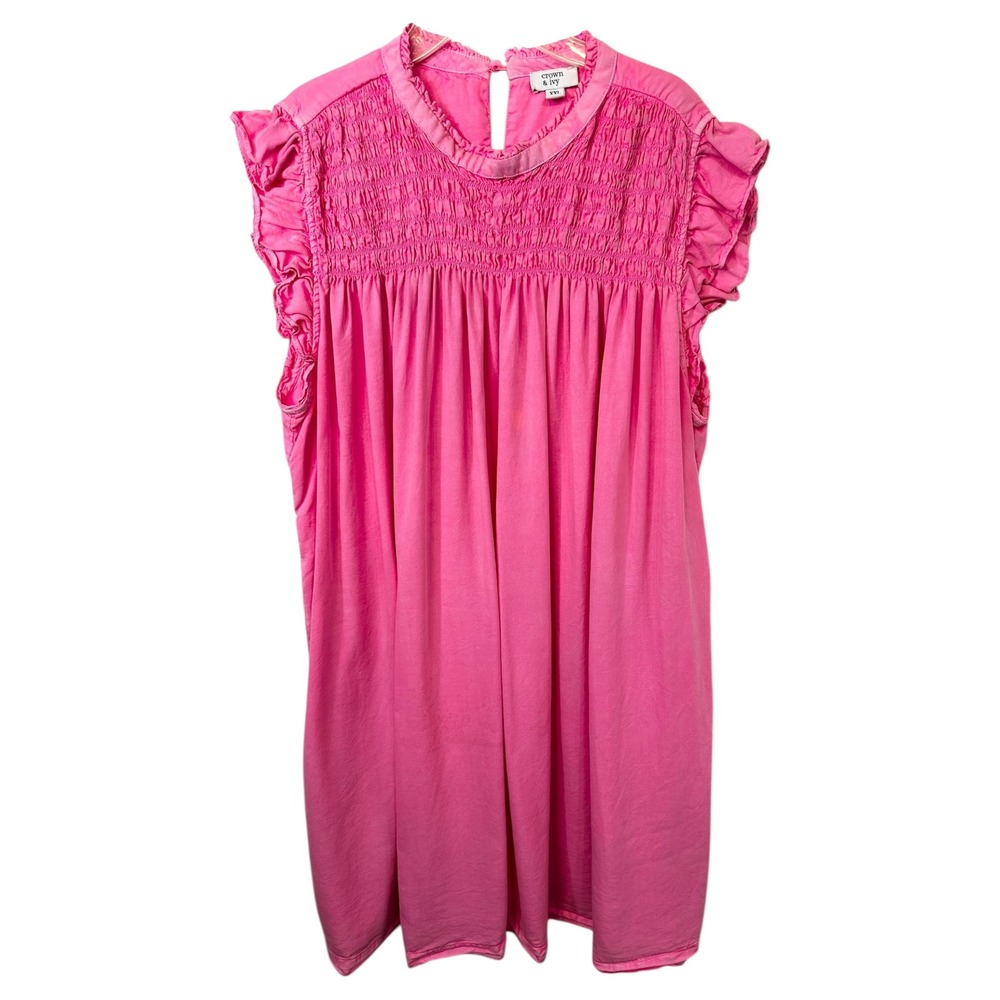 Crown & Ivy‎ XXL Dress Pink Smocked Ruffle Cap Sleeve Shift Knee Preppy 1728